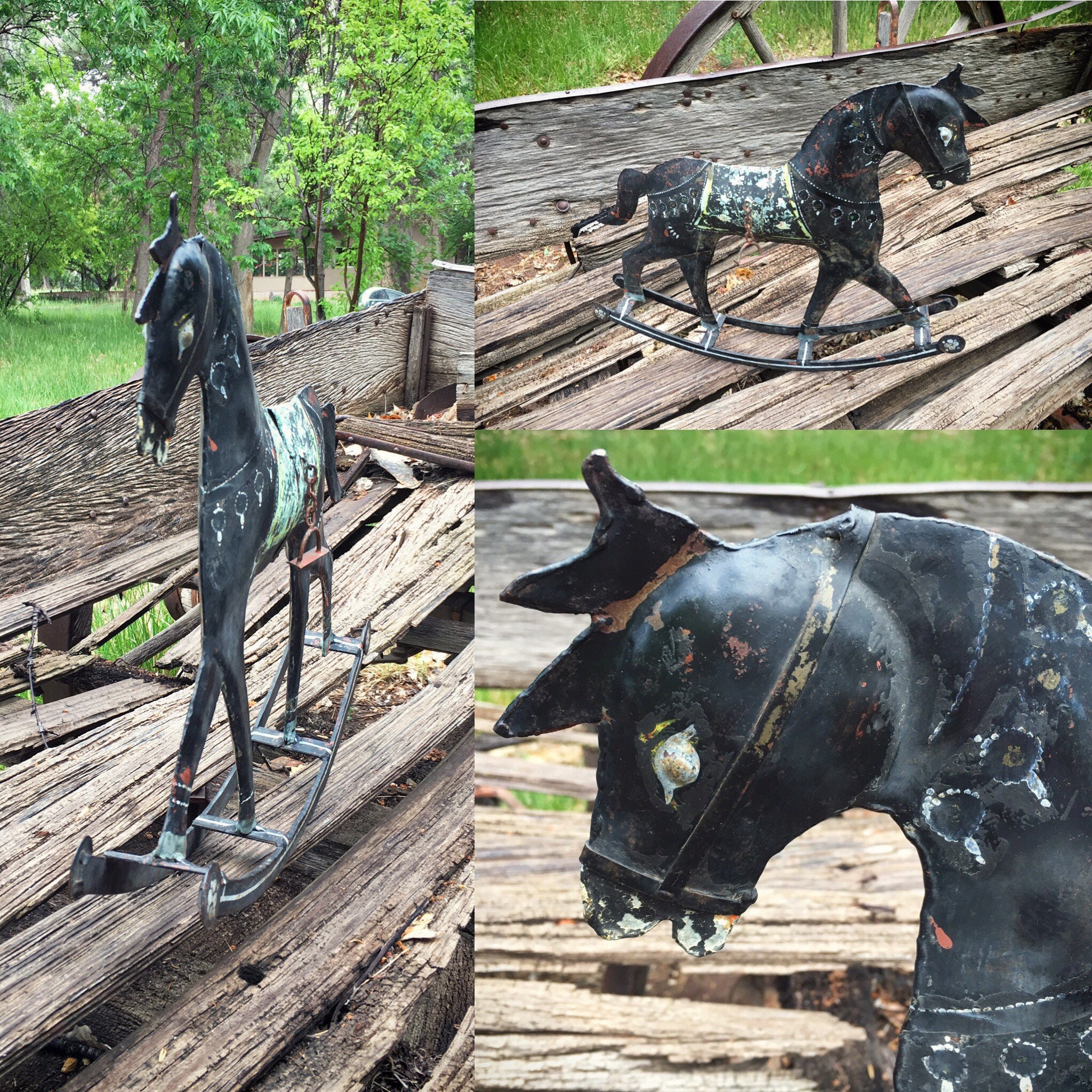 Large vintage primitive folk art rocking horse statue made of metal