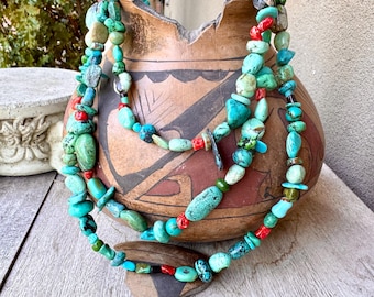 Three Strands Multi-Color Turquoise Coral Beads, Twine Fraying, Use for Destash