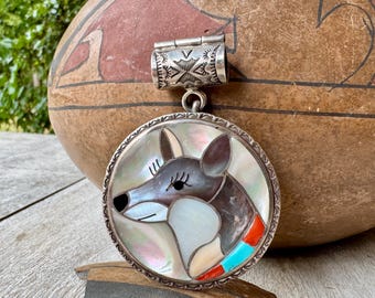 Zuni Porfirio Sheyka Coyote Wolf Pendant Pin, Mosaic Inlay Mother of Pearl Abalone, No Chain