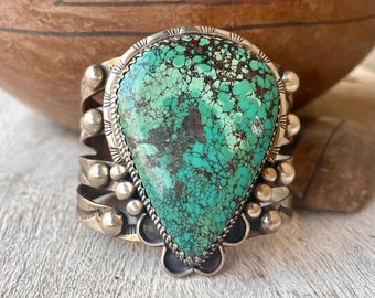 Vintage Large 124g Signed Navajo Turquoise Cuff Bracelet Size 6.5, Statement Native American Indian