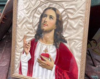 1950s Homemade Jesus Christ Sacred Heart Fabric Folk Art Wall Hanging, Religious Kitsch