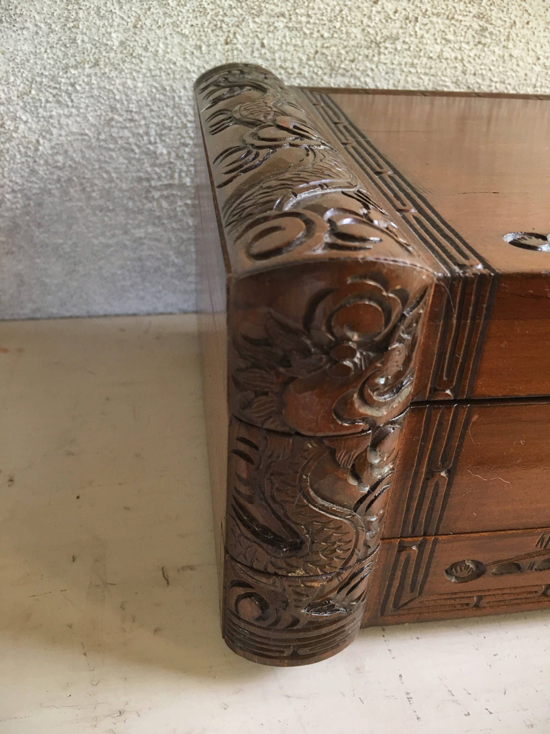 Vintage Asian wooden jewelry box hand carved red velvet lined with drawer Men's vanity box