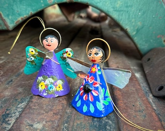 Two Small Vintage Mexican Metal Angels Ornaments, Rustic Style