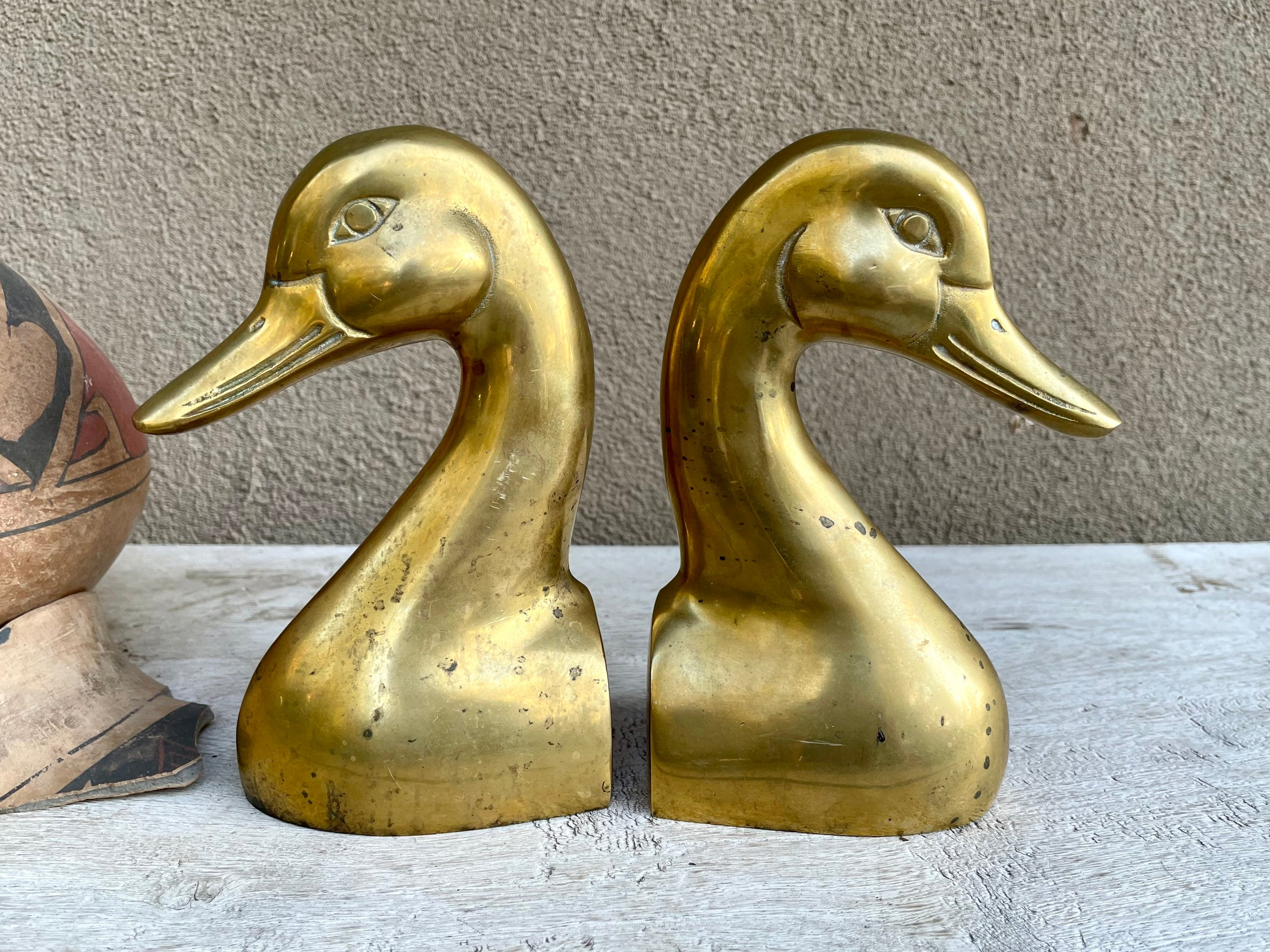 Vintage Brass Duck Head Bookends, Hollywood Regency Golden Decor,  Outdoorsman Gift for Dad