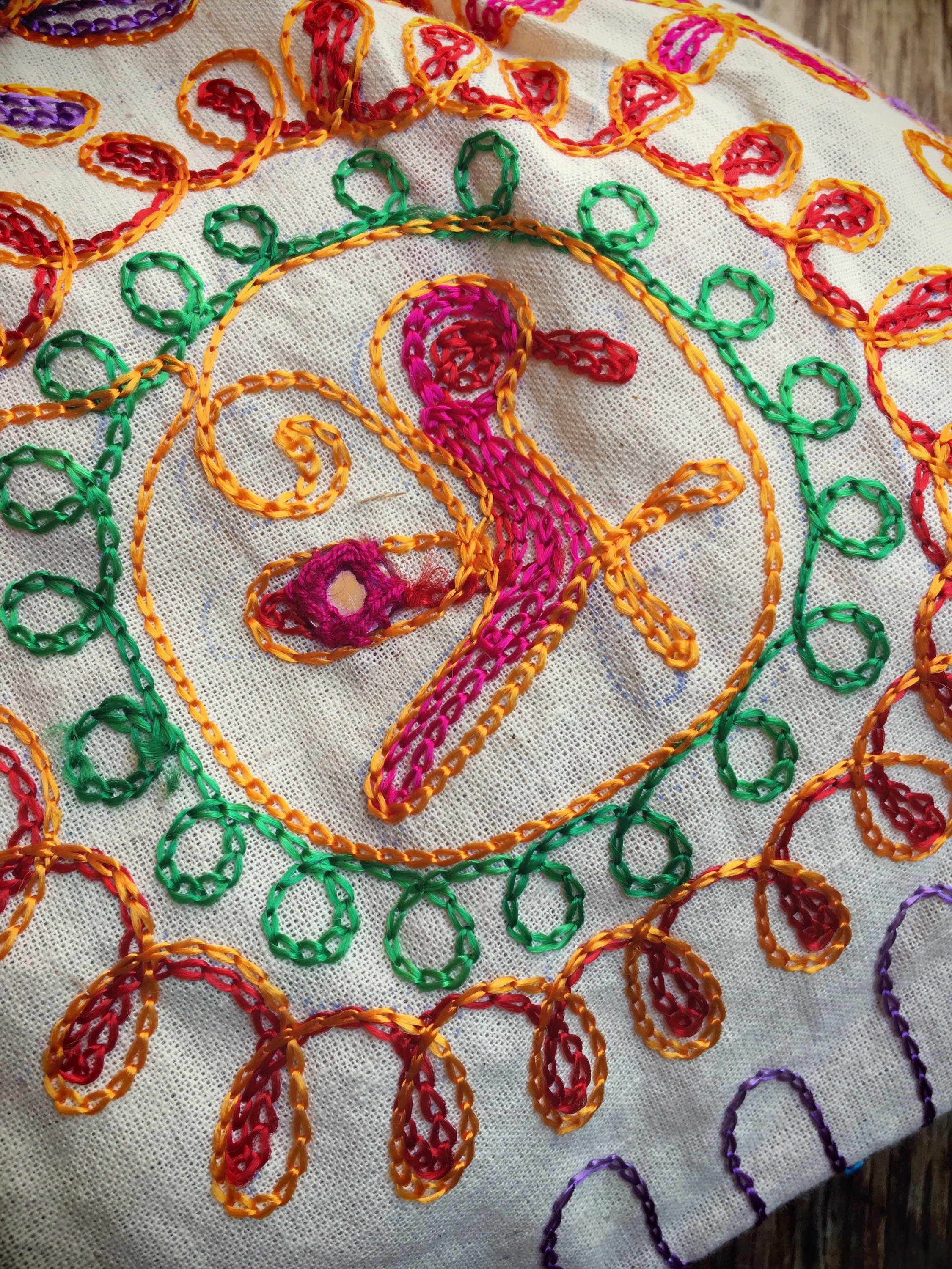 Vintage embroidered fabric shoulder bag with pink elephant hippie purse