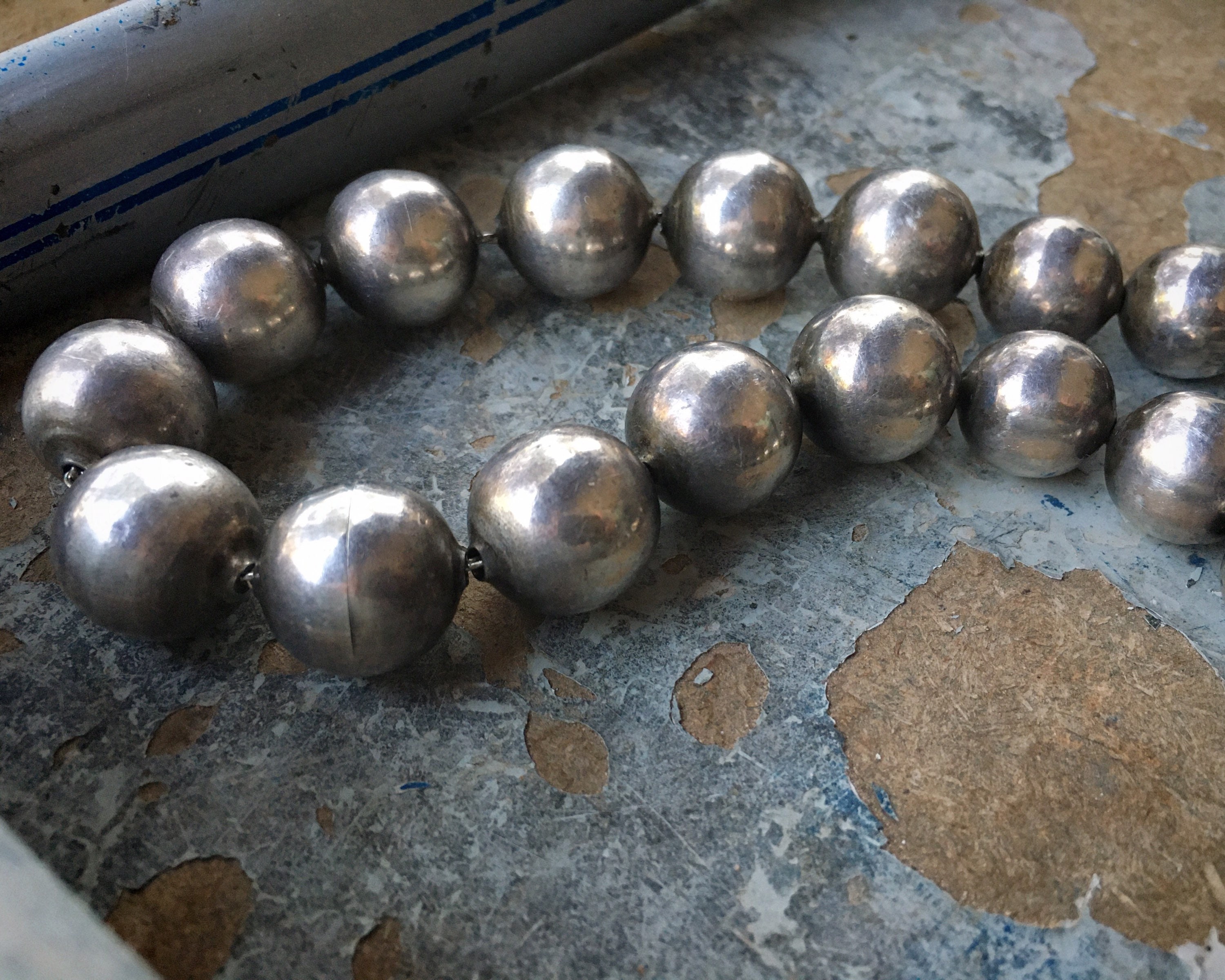 1950s 124g Taxco Mexican Sterling Silver Bead Necklace 29 Graduated 8