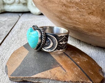 Navajo Sunshine Reeves Stamped Sterling Silver Turquoise Heart Band Size 9.75, Native American