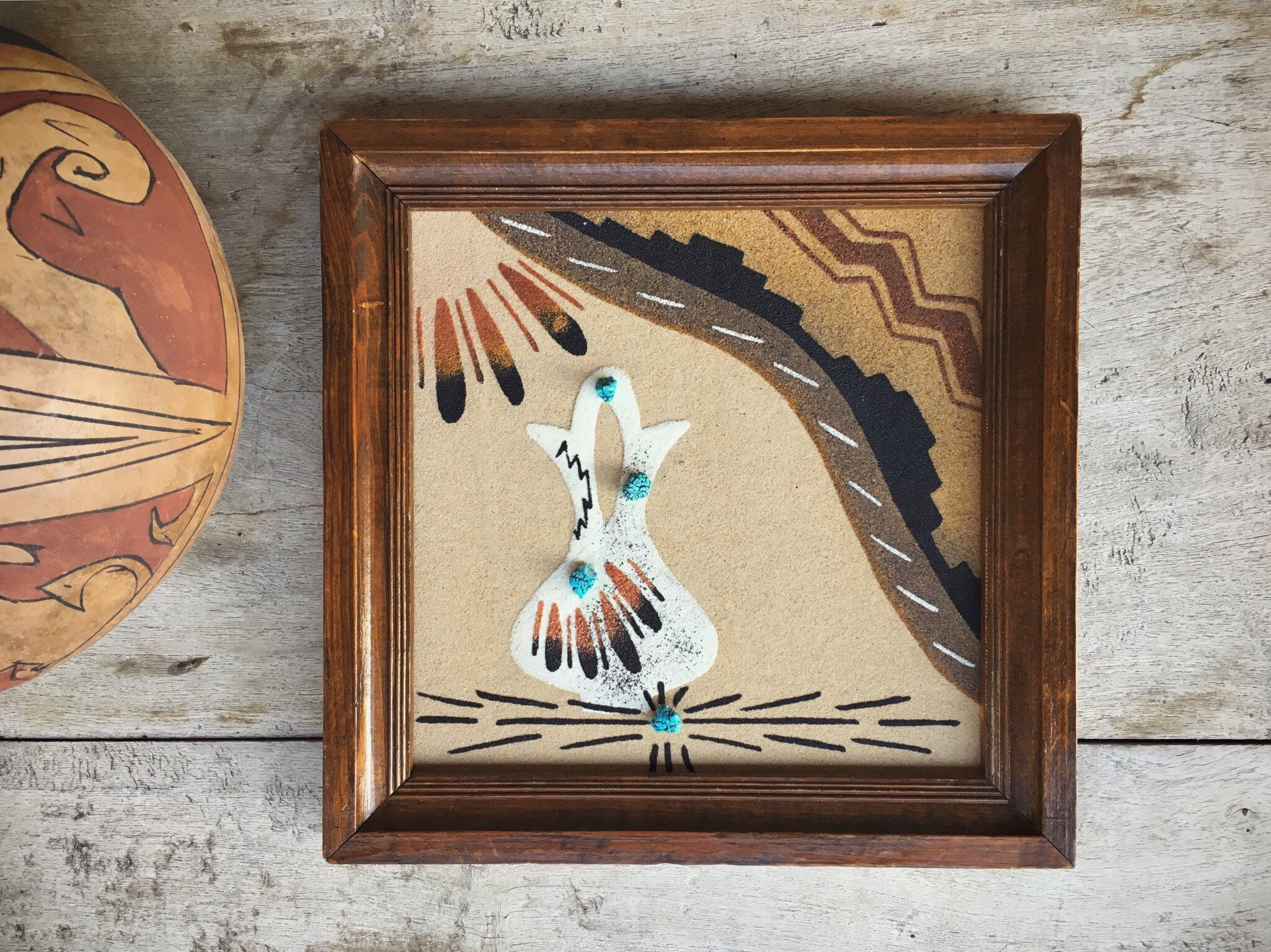 Framed Navajo Sand Painting Wedding Vase and Navajo Rug, Southwestern