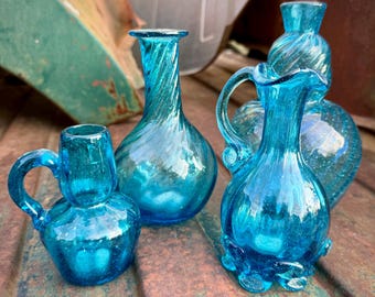 Instant Collection of Four Hand-Blown Glass Small Bottles Teal Color, Vintage Glassware