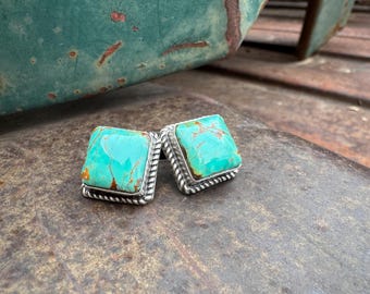 Blue Turquoise Sterling Silver Post Earrings Approx 1/2" x 1/2", Navajo Judith Dixon Jewelry