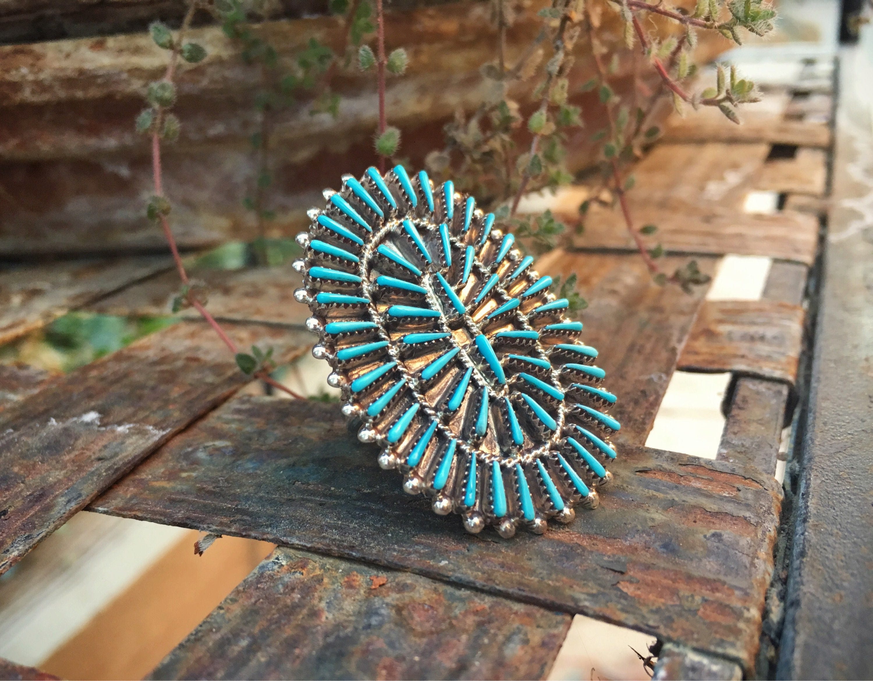 Turquoise Ring Zuni Needlepoint Cluster Ring for Women Size 8.5 Native