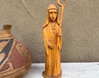 Vintage Wood Carving Saint Nun with Staff (Part Missing), Religious Folk Art