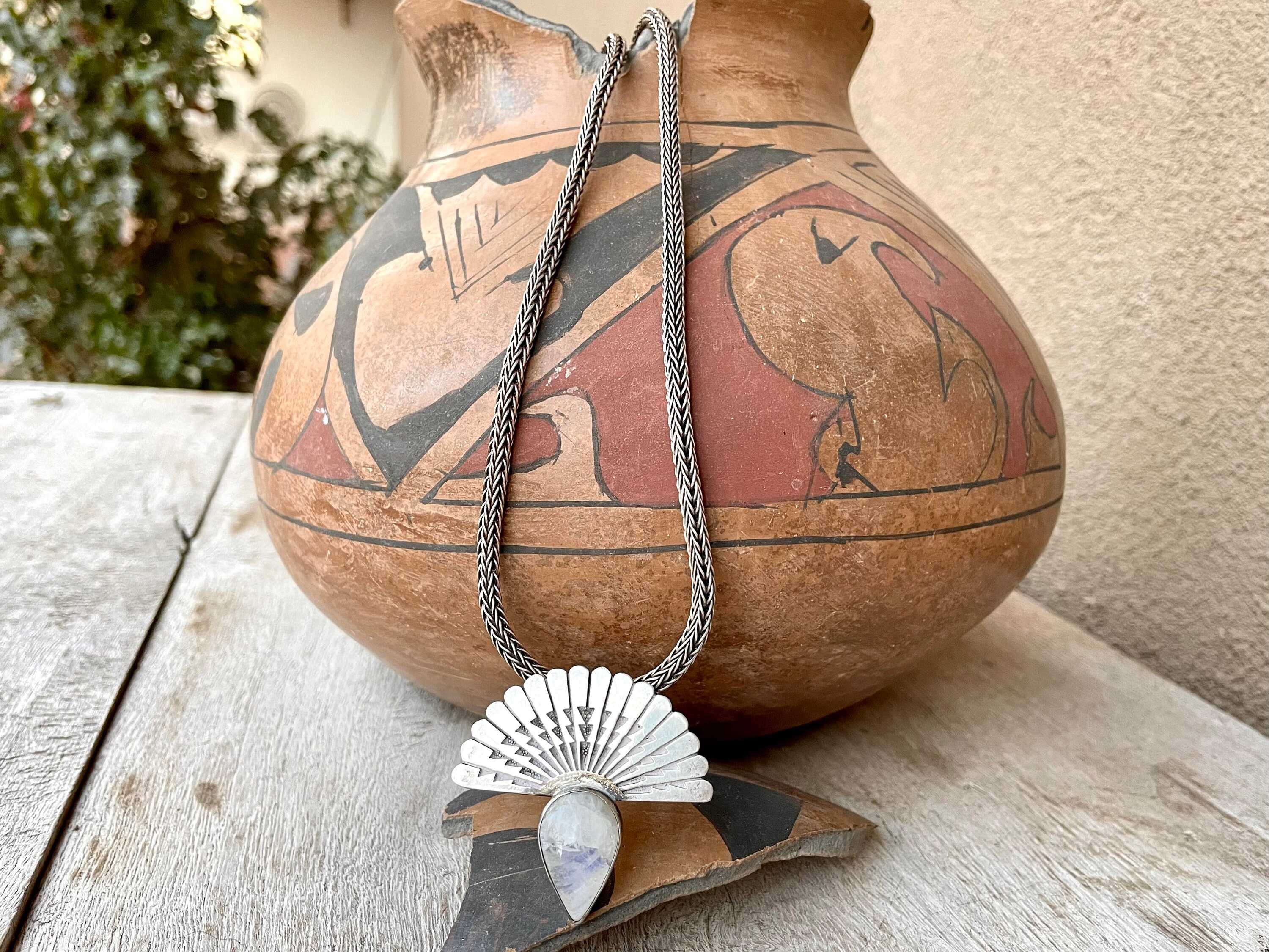 Vintage Isleta Pueblo Vernon Jojola Sterling Silver and Moonstone Pendant on Snake Chain Necklace