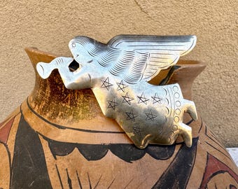Vintage Stamped Silver Tone Angel with Horn Pin for the Holidays, Christmas Jewelry