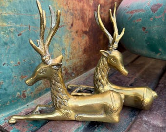 Pair of Brass Stag Deer Buck Statues Approx 7.5" Long, Vintage Christmas Decor