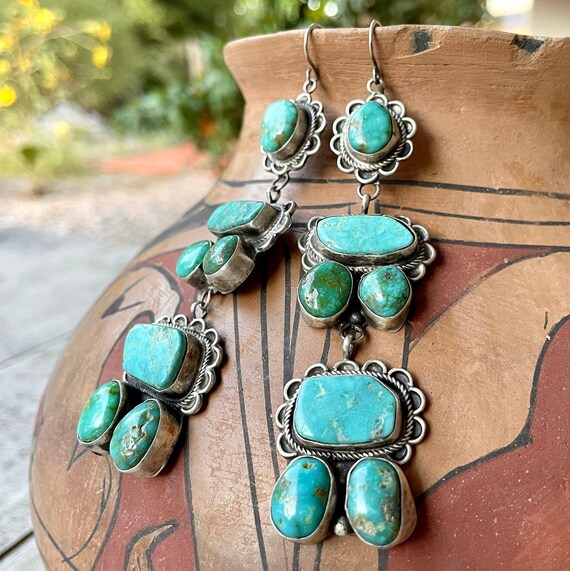 Vintage Navajo Ella Peter Turquoise Earrings Dangle to Approx 4