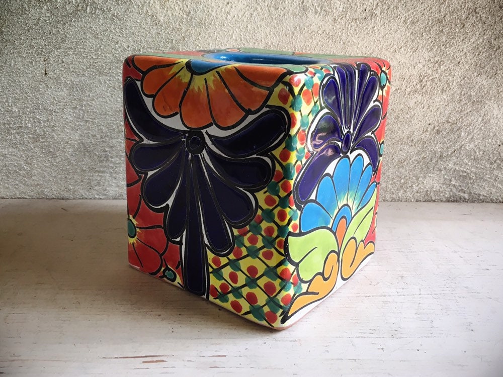 Vintage Talavera Pottery Tissue Box Cover in Blue Yellow Green Red