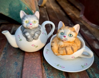 Two Vintage Bisque Porcelain Cat Figurines Tea-Themed Shelf Display Knick Knacks, Library Decor