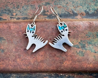 Vintage Mexican Sterling Silver Kitty Cat Earrings with Turquoise Inlay