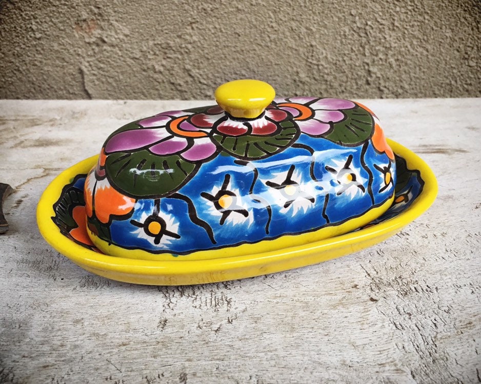 Colorful Mexican Talavera Pottery Butter Dish with Floral Design