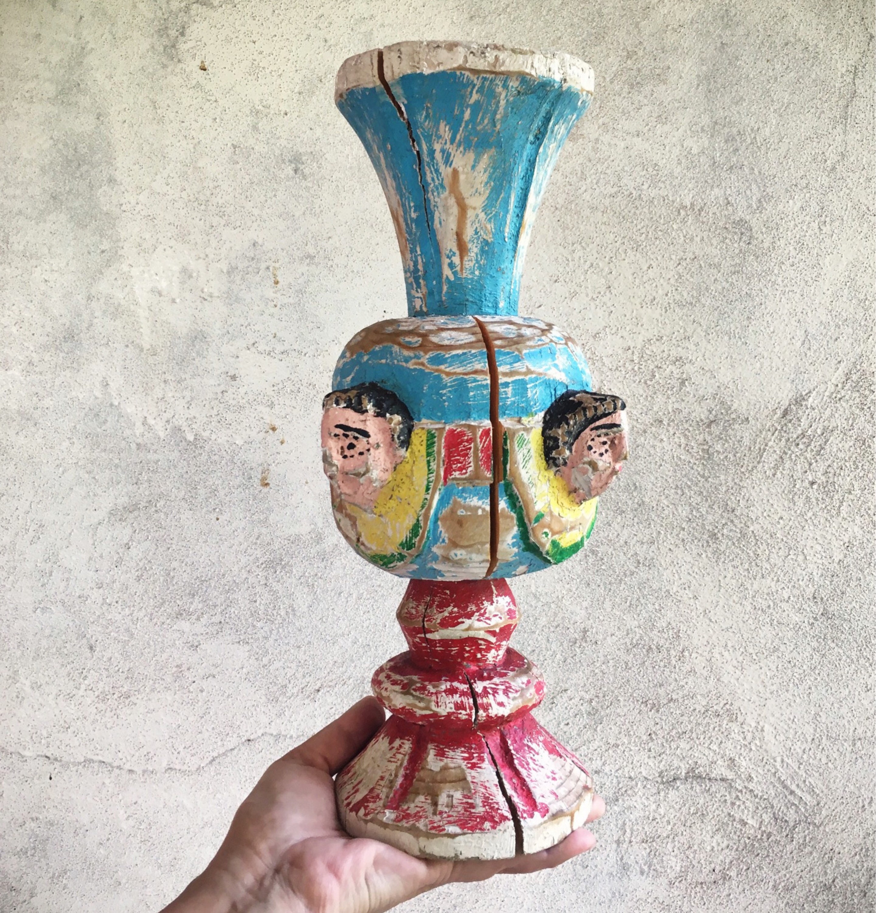 Antique Angel Carved Wood Pillar Candle Holder, Rustic Mexican Decor