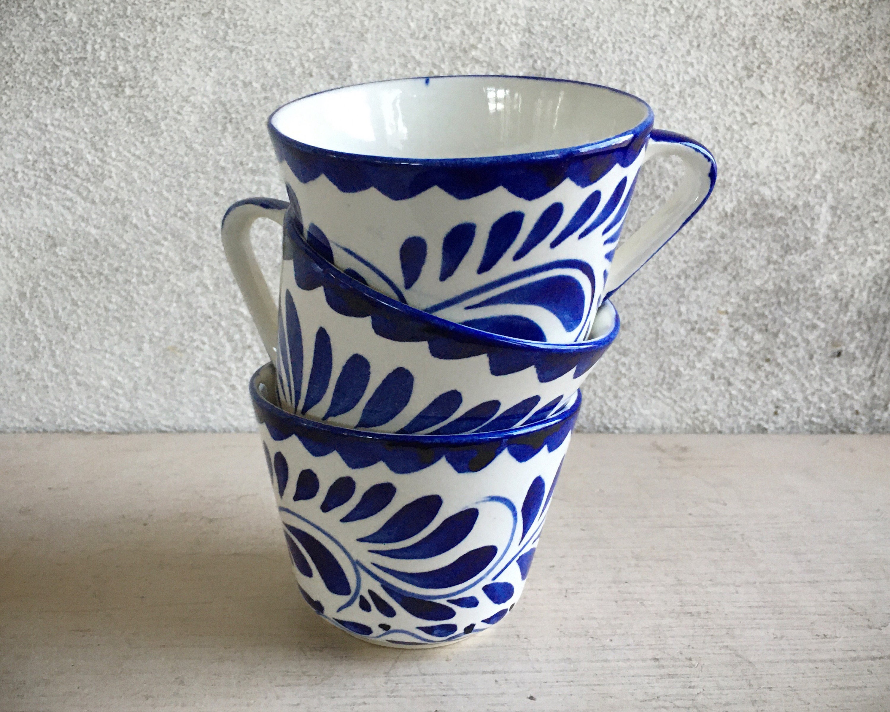 Three Vintage Mexican Anfora Puebla Blue Cups, Blue and White Talavera