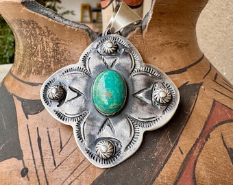 Chimney Butte Stamped Sterling Silver Scalloped Pendant w/ Turquoise Stone, Four-Point Cross