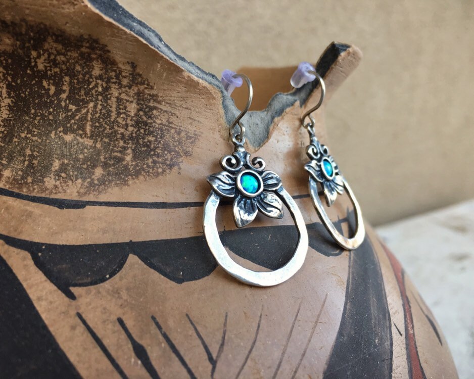 Sterling Silver Hoop Earrings with Opal Stone Flower Design, Bohemian ...