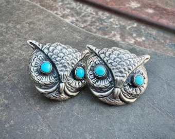 Federico Jimenez Post Earrings of Sterling Silver Owl w/ Turquoise Eyes, Mexican Jewelry