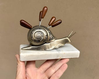 Vintage Snail with Escargot Picks Teak Handles, Art Deco Enamel, Benjamin Rabier Style