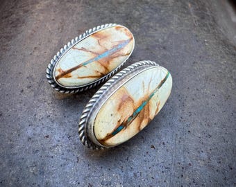Navajo Post Earrings Boulder Turquoise Beige w/ Blue Ribbon, Simple Oval Sterling Silver