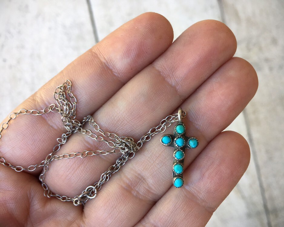 Vintage Navajo Tufa Cast Sterling Silver Turquoise Cross Necklace -  Yourgreatfinds