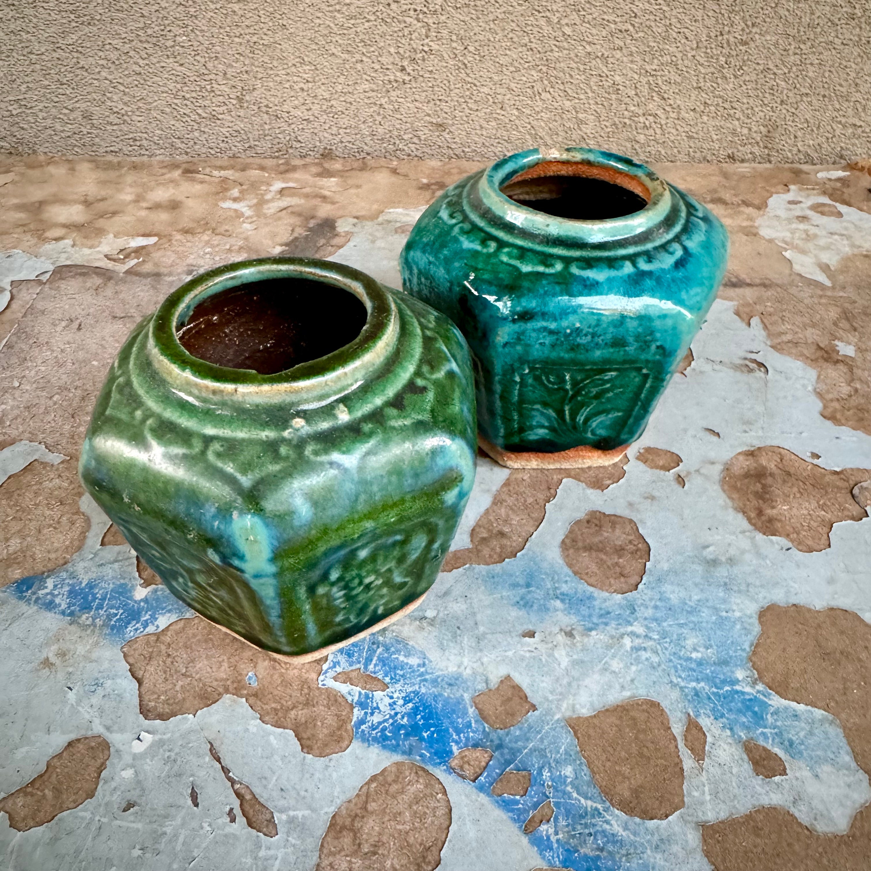 Pair of Vintage Shiwan Pottery Green Teal Glazed Ginger Jars