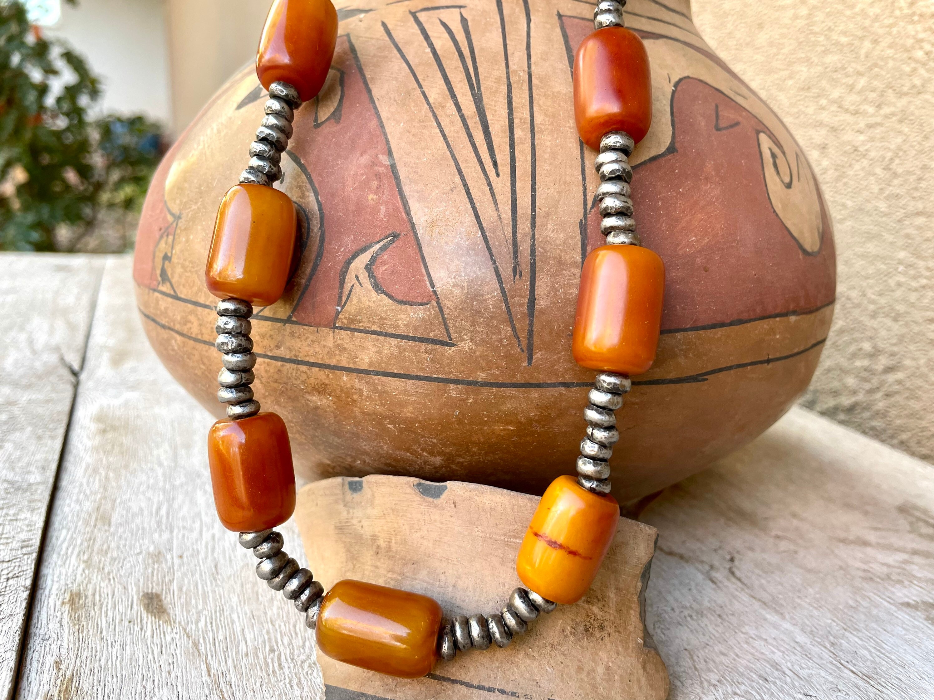 Vintage Tribal Necklace Resin Butterscotch Silver Tone Beads, Squaw