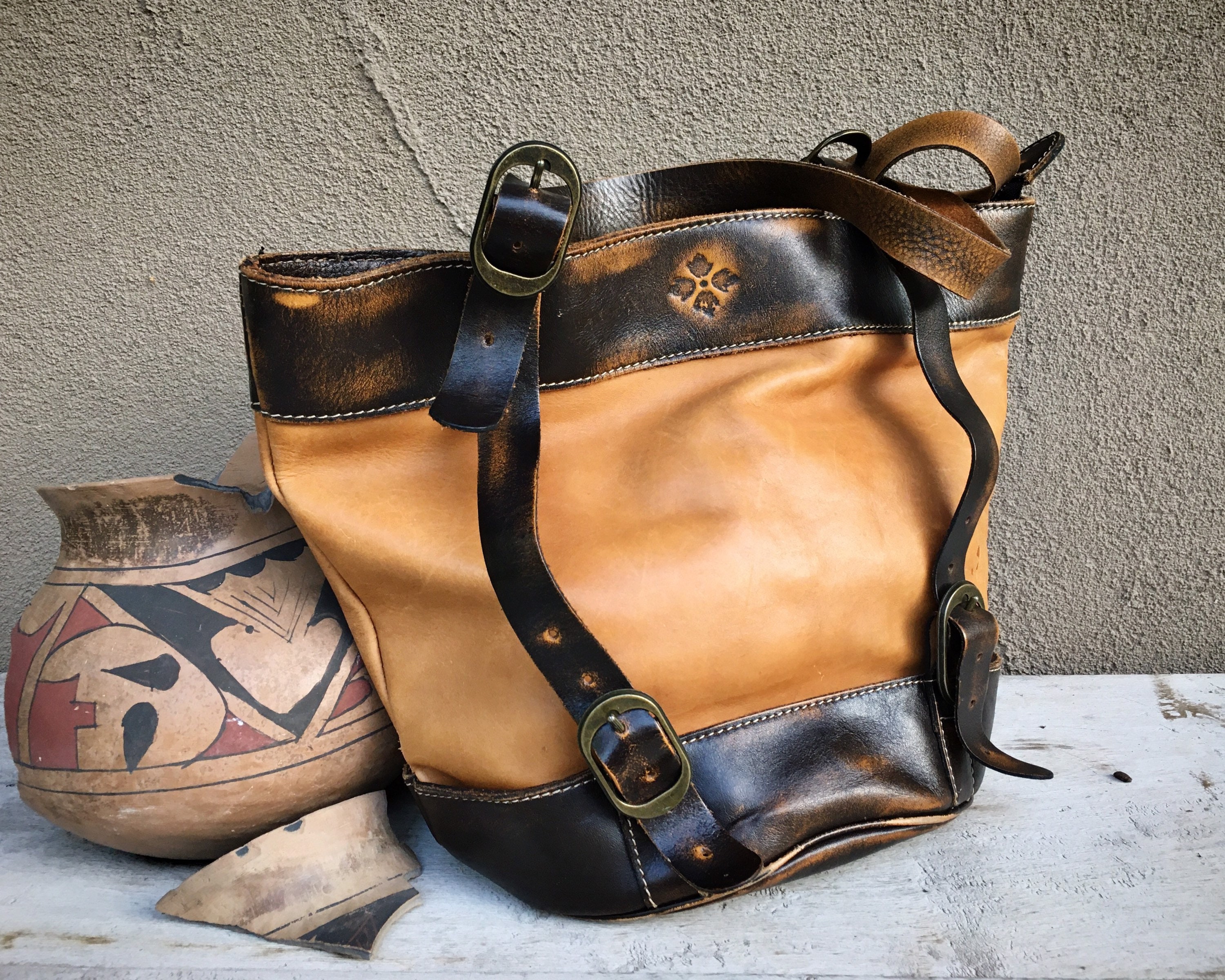 Distressed Soft Leather Two Tone Enna Bucket Bag Tote Purse by Patricia Nash Bohemian Style Fashion for Women Honey and Dark Brown