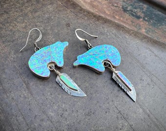 Sterling Silver Manmade Opal Inlay Bear Earrings w/ Feather Dangles