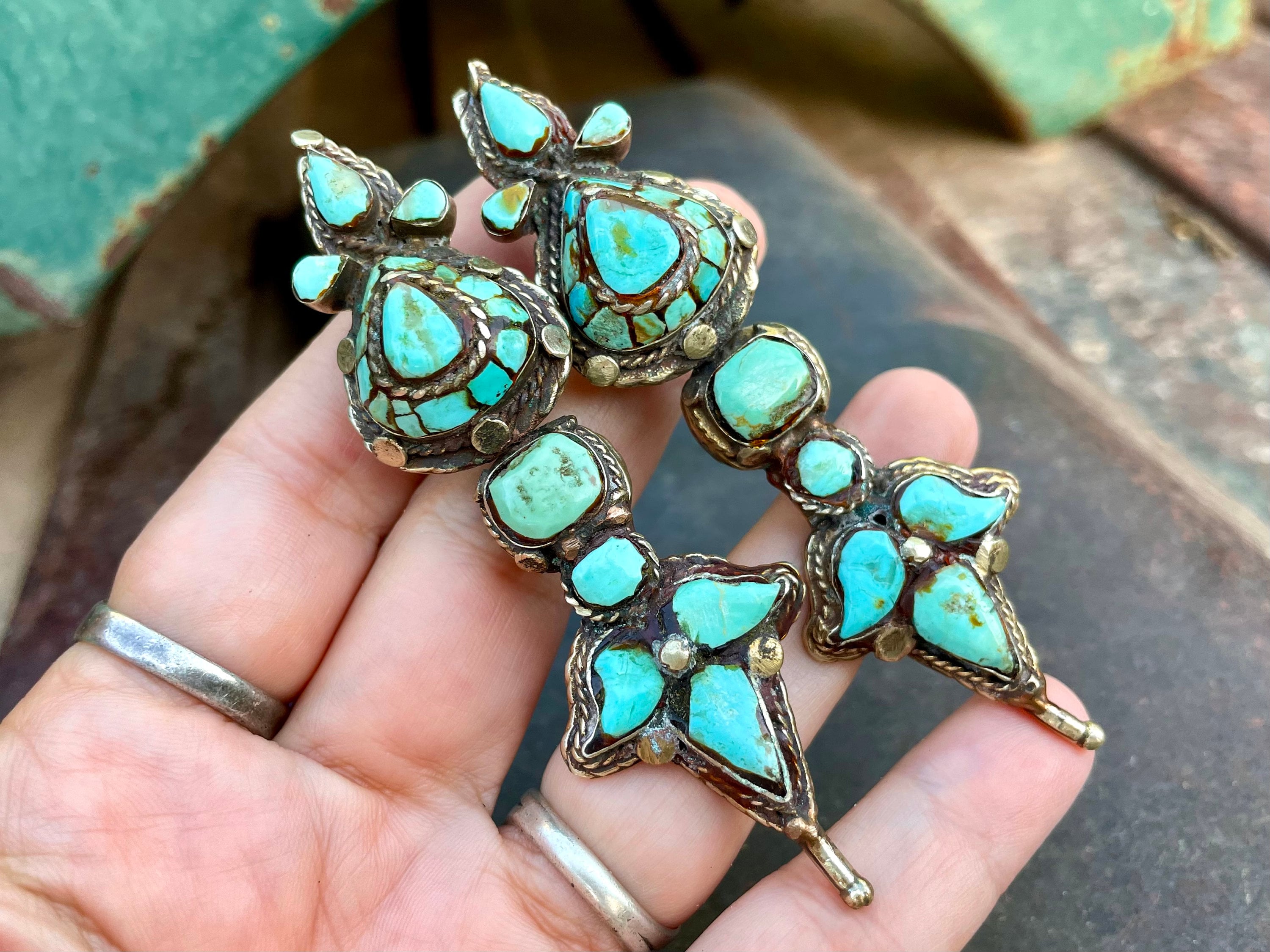 Bohemian Gypsy Indian Vintage Tibetan Turquoise Silver Tone Om Earrings #32