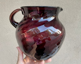 Mexican Blown Glass Pitcher Purple with Clear Handle, Amethyst Glass Chunky, Mimosa Sangria Server