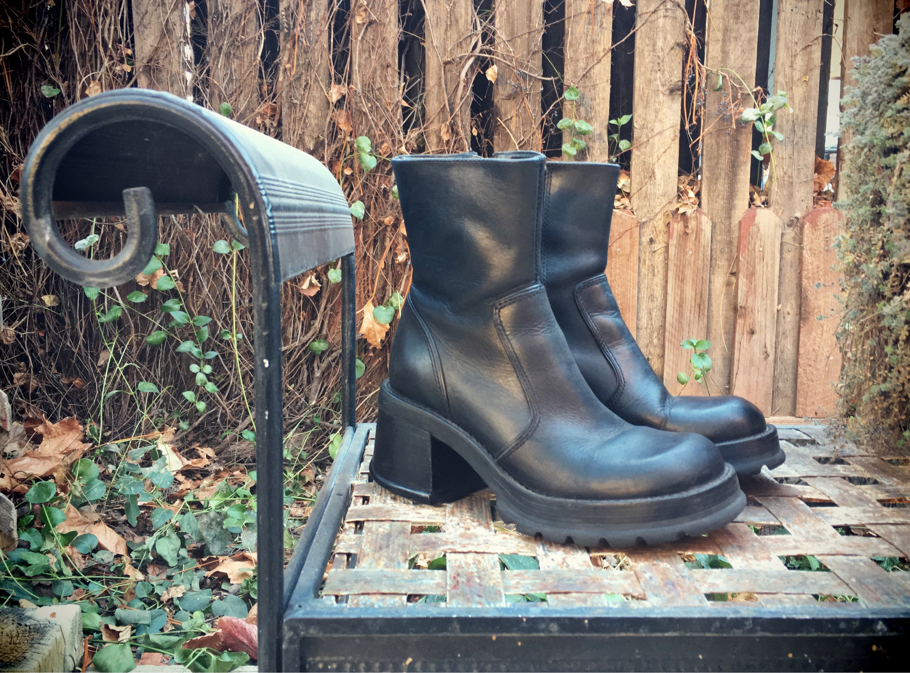 Platform Boot Women Size 7 Black Leather Steve Madden Chunky Heel Boot, Goth Boots