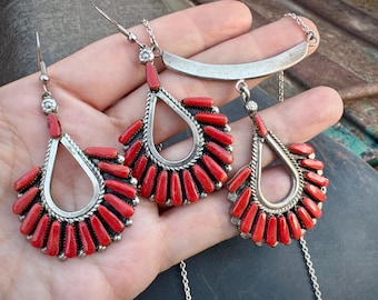 Vintage Zuni Coral & Sterling Silver Drop Pendant Necklace and Earring Set, Petit Point Setting