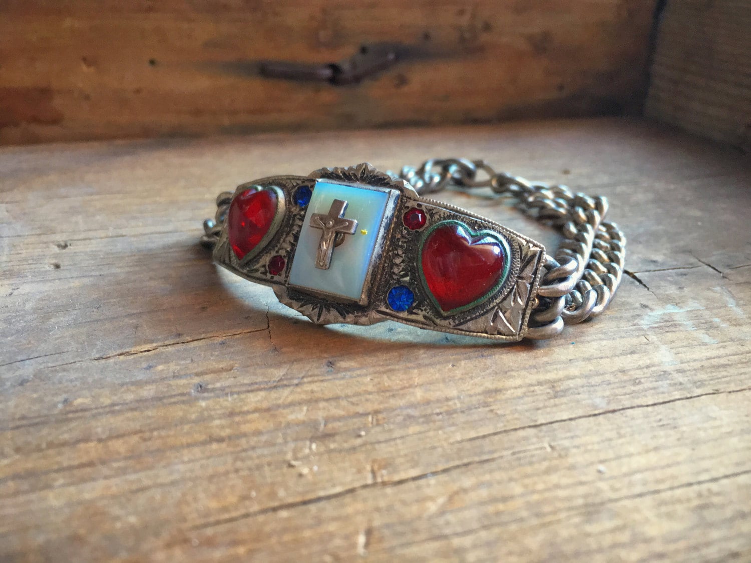 Midcentury Catholic Sacred Heart cross bracelet, 1950s heavy chain