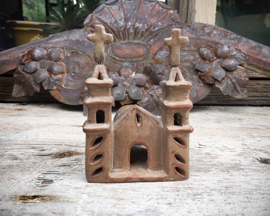 Small Burnished Pottery Church Mexican Folk Art, Southwestern Decor