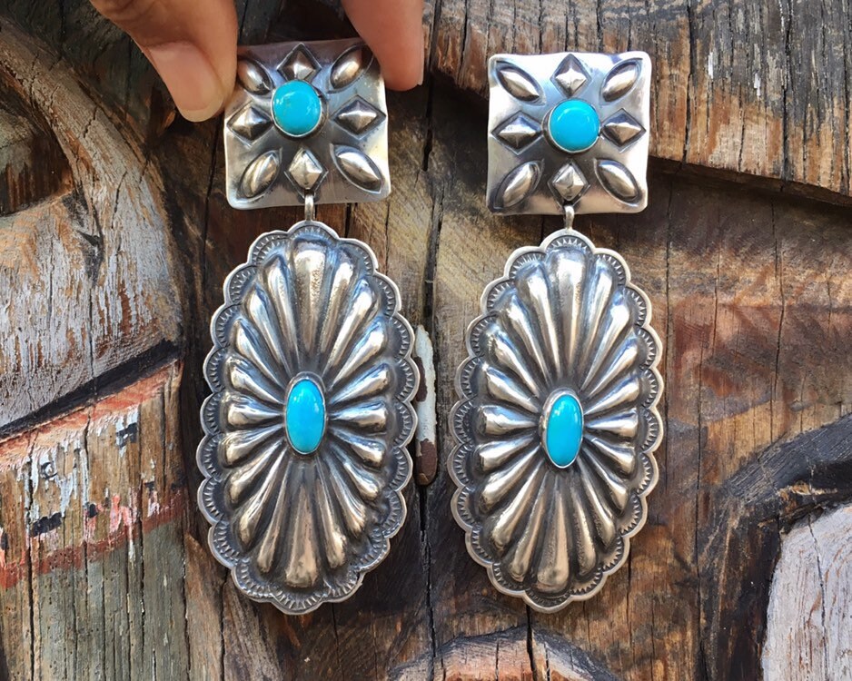 Big Sterling Silver Concho Turquoise Earrings for Women, Native ...