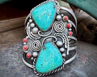 Turquoise Coral Cuff Bracelet Approx Size 6 Small Wrist, Large Old Pawn Piece