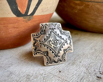 Navajo Vincent J. Platero Stamped Sterling Silver Cross Ring Size 7.5 (Adj), Native American