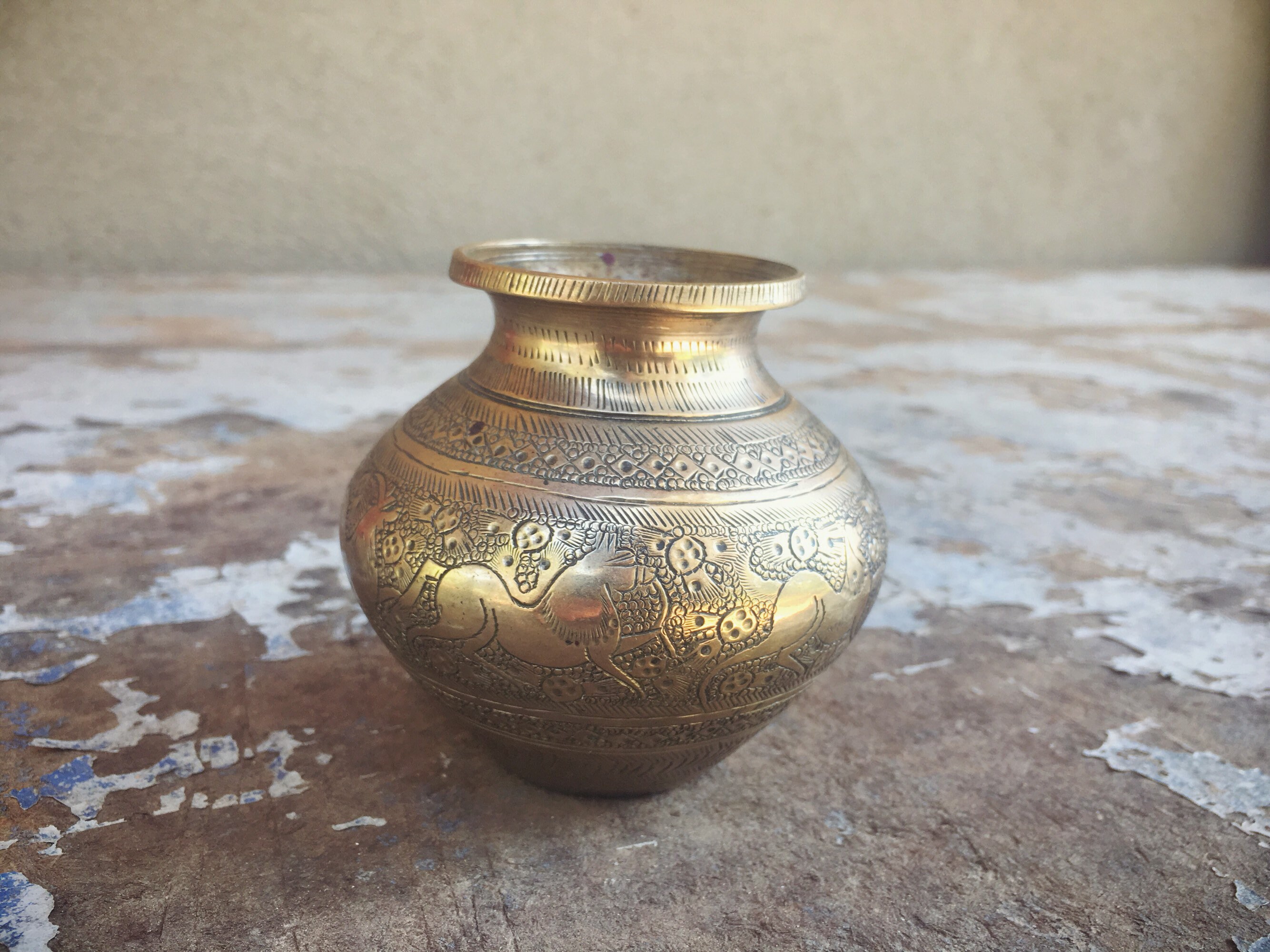 Vintage Small Engraved Brass Lota Pot Holy Water Vessel India Antiques