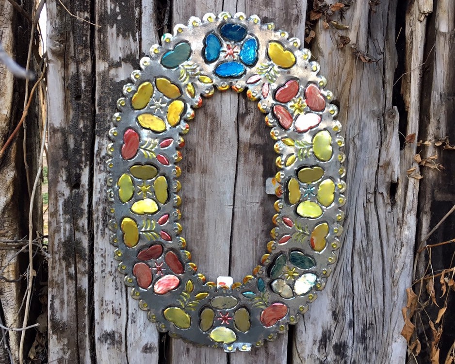 Large Vintage Mexican Tin Oval Frame Punched Painted Cutout Metal No