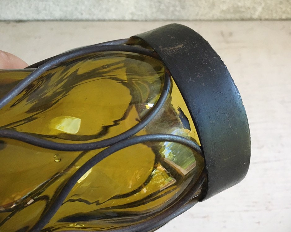 Vintage Mexican Caged Glass Sconce Hand Blown Amber Glass Iron Lantern, Hurricane Candle Holder