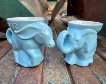 Choose One: 1982 Frankoma Pottery Blue Glaze Political Mug DEM Donkey or GOP Elephant Gift