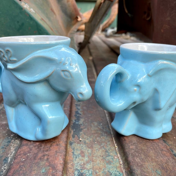 Choose One: 1982 Frankoma Pottery Blue Glaze Political Mug DEM Donkey or GOP Elephant, Gift Democrat or Republican, Vintage Kitchen Decor